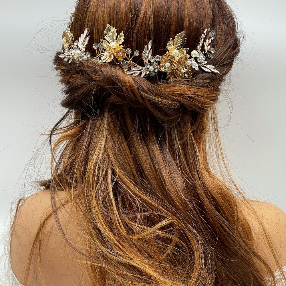 Gold rose leaf boho hair piece bridal wedding vine leaves